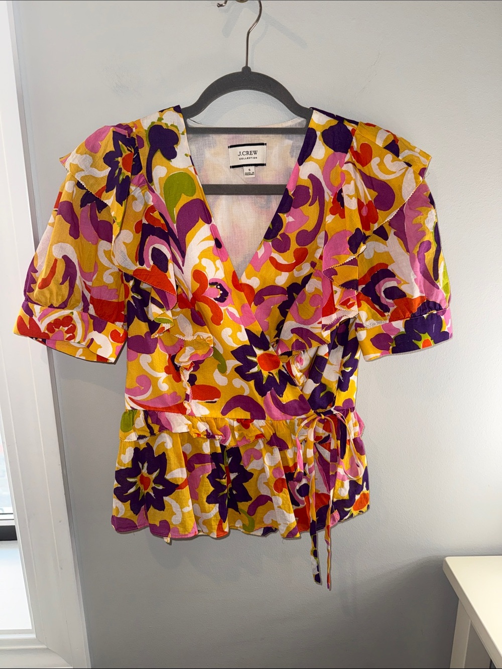 J. Crew Bright Floral Wrap Peplum Blouse in Pink, Purple & Yellow